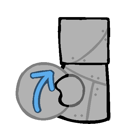 a sheet metal figure with a square head holding a grayed out ball with a blue arrow pointing to at the figure.